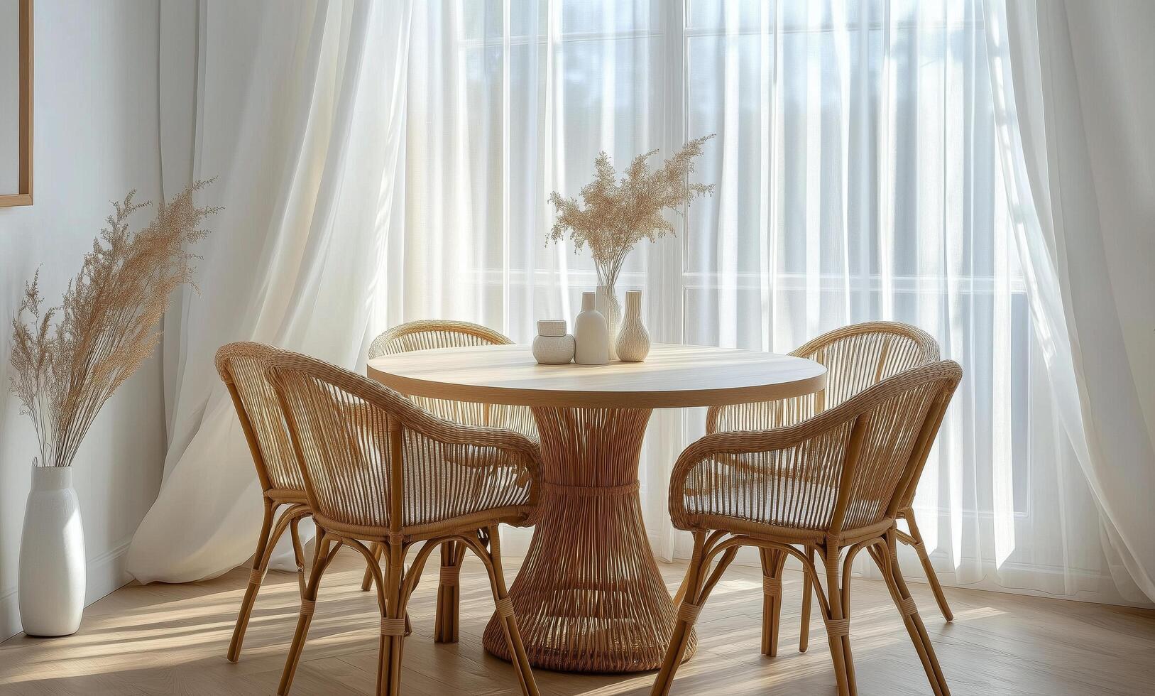 Stylish dining area with rattan chairs and vase decor in bright, airy room photo