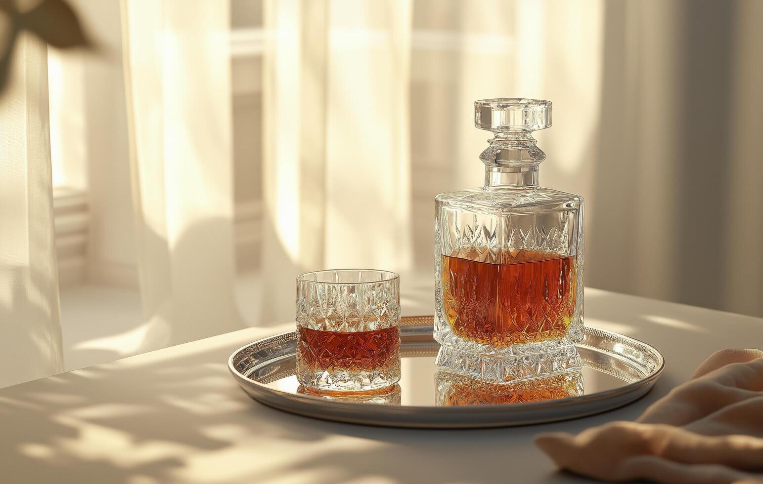 Elegant whiskey decanter with glass on a reflective tray in soft sunlight photo