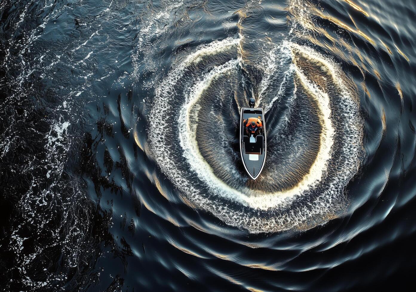 Speedboat creating circular wake on calm water at sunset near a lakeside location photo