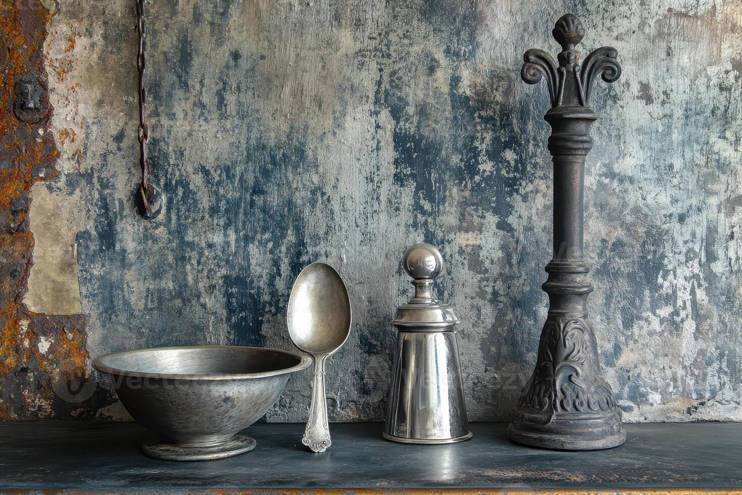 Still life featuring antique metal objects against a textured backdrop photo