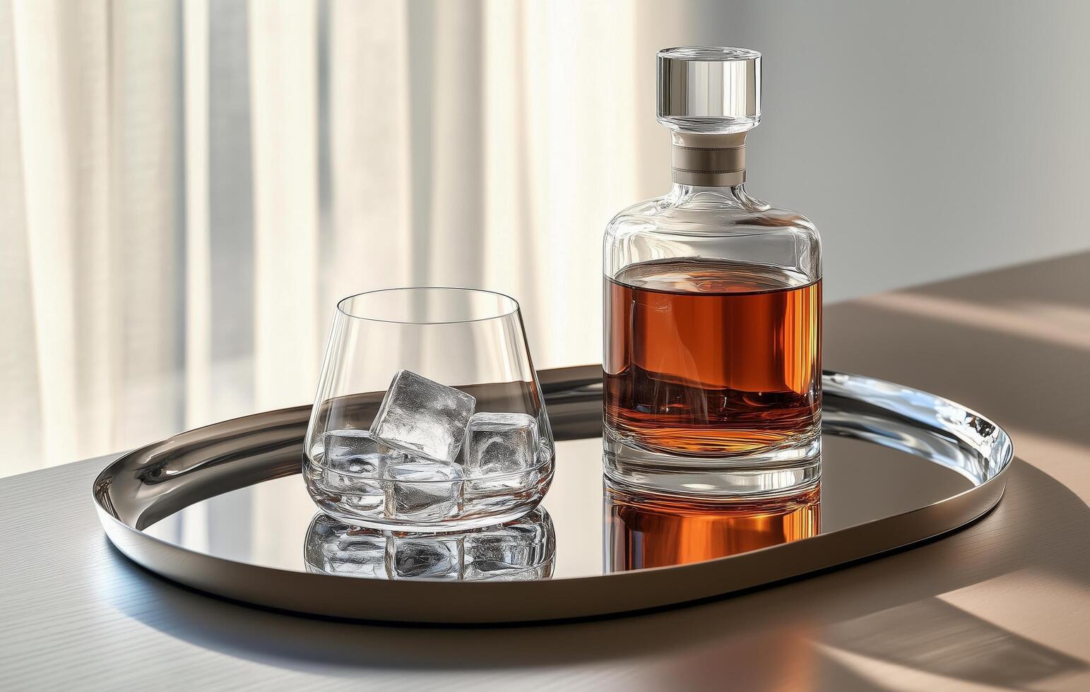 Elegant whiskey set with glass and ice on a reflective tray beside soft curtains photo