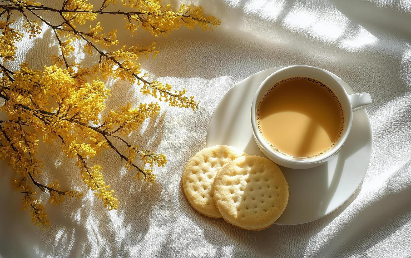 Freshly brewed tea with crackers and yellow flowers on a white tablecloth in morning light photo