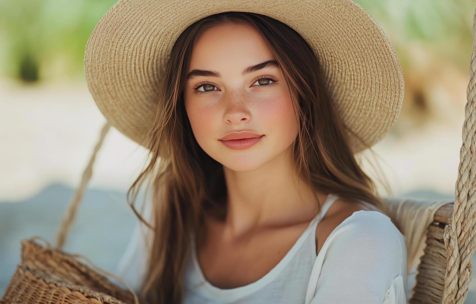 Young woman enjoying a sunny day at the beach while wearing a wide-brimmed hat and holding a basket photo