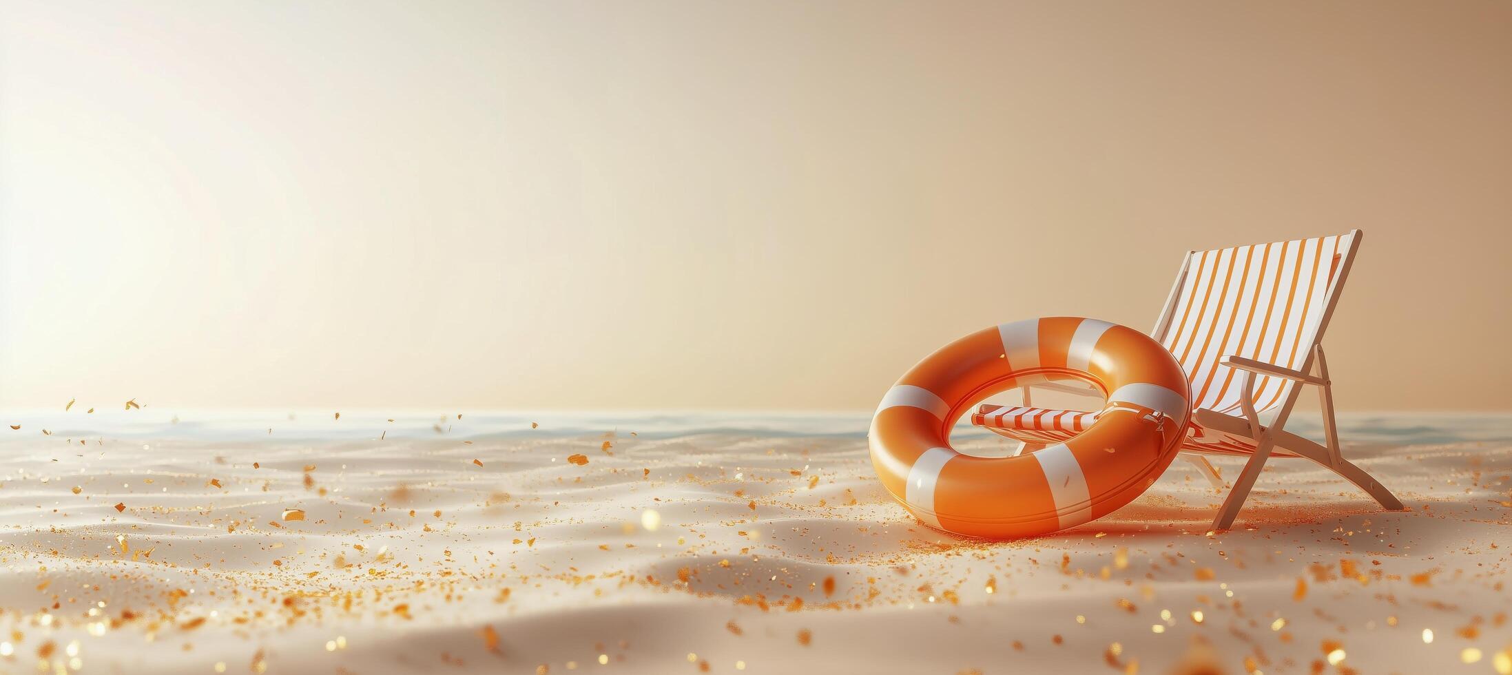 Relaxing beach scene with a lifebuoy and chair at sunset near calm ocean photo