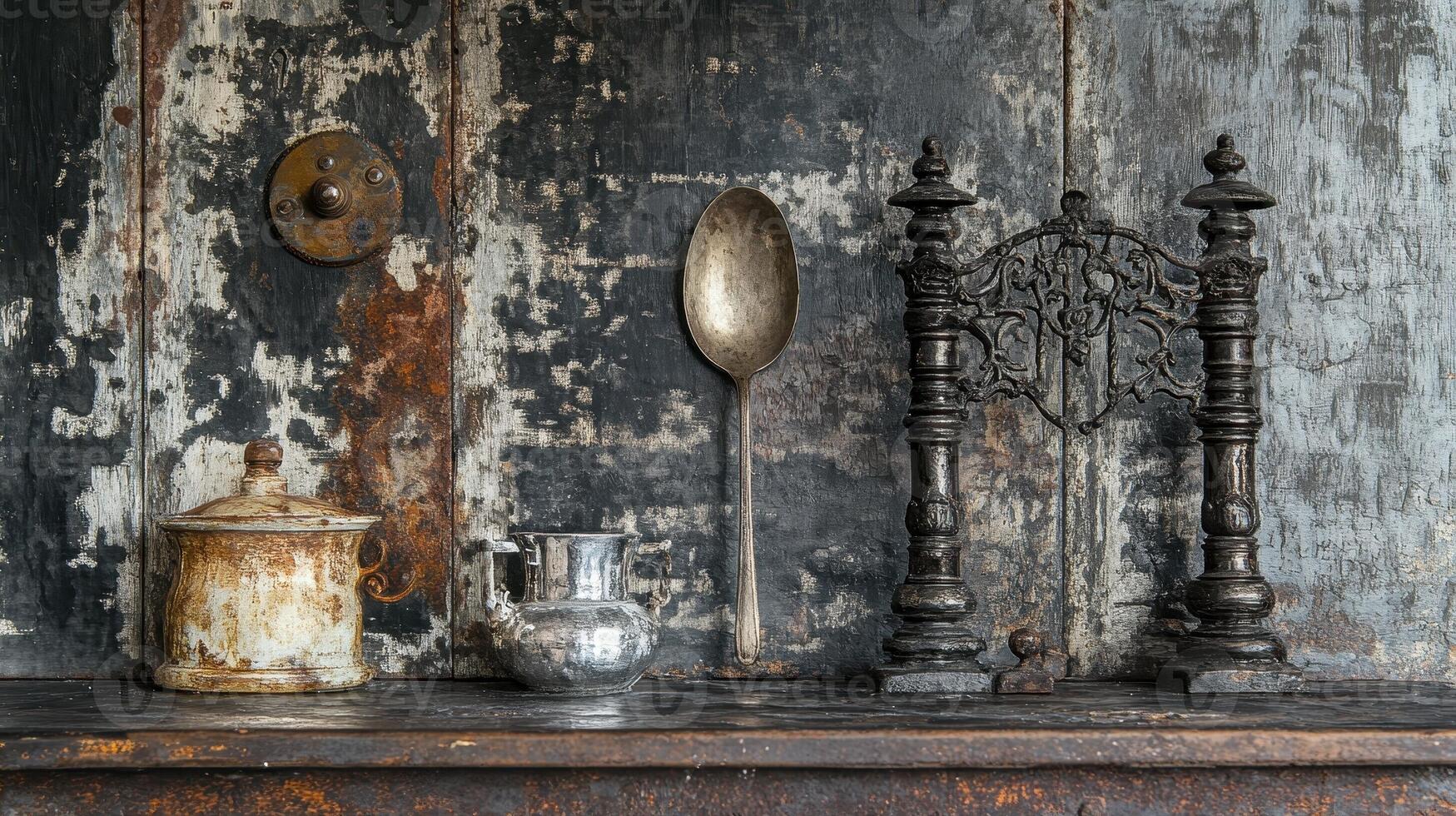 Aged still life with tarnished silver and antique ironwork photo