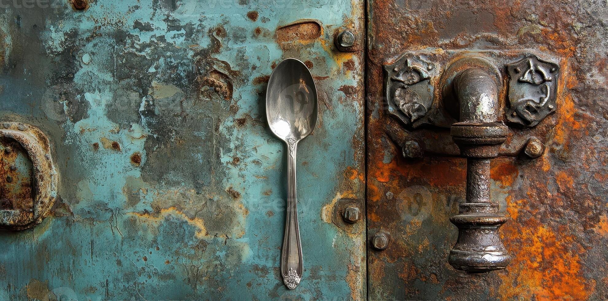 Silver spoon resting on weathered metallic surface near rusty handle photo