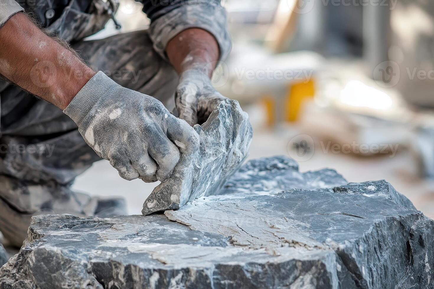 Sculptor carefully shaping and refining a piece of gray marble photo