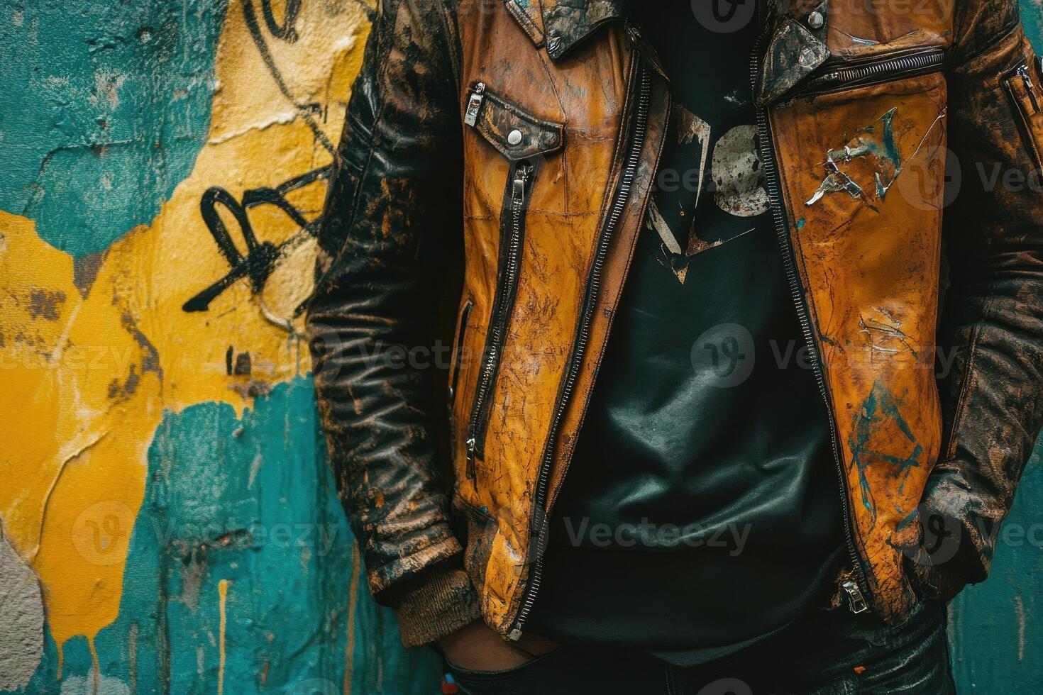 Distressed leather jacket on a person leaning against graffiti wall photo