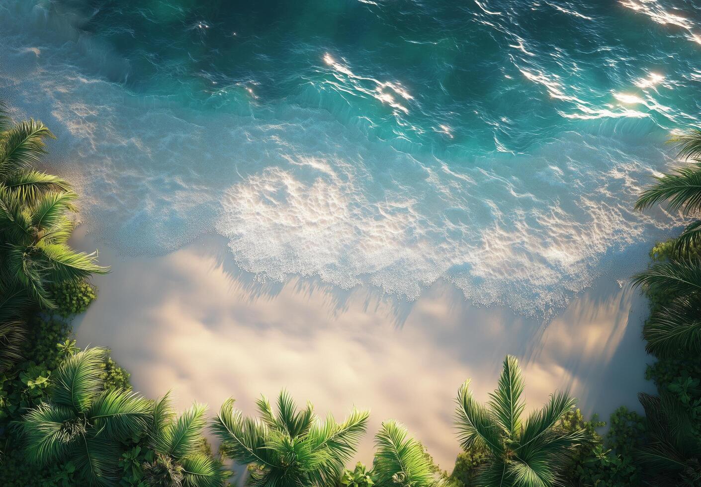 Breathtaking view of turquoise waves meeting serene sandy beach surrounded by lush greenery photo