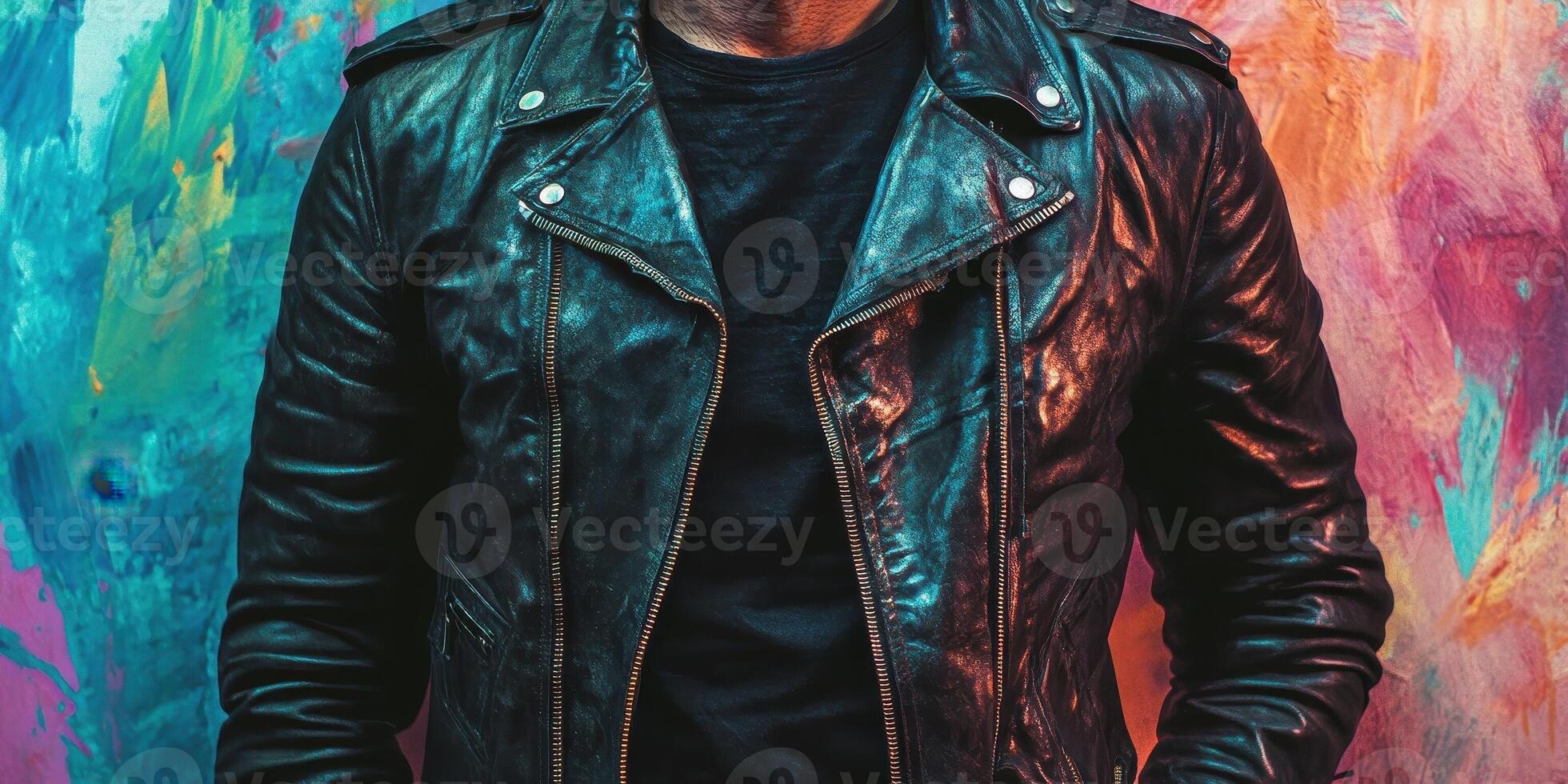 Close up of person in leather jacket against painted backdrop photo