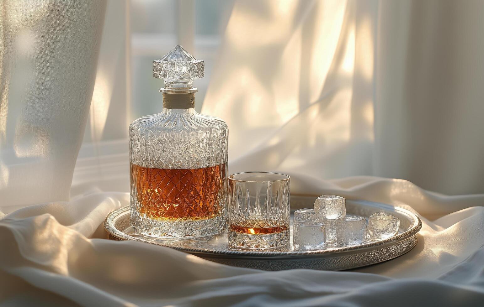 Elegant glassware set with whiskey on a tray during warm afternoon light photo