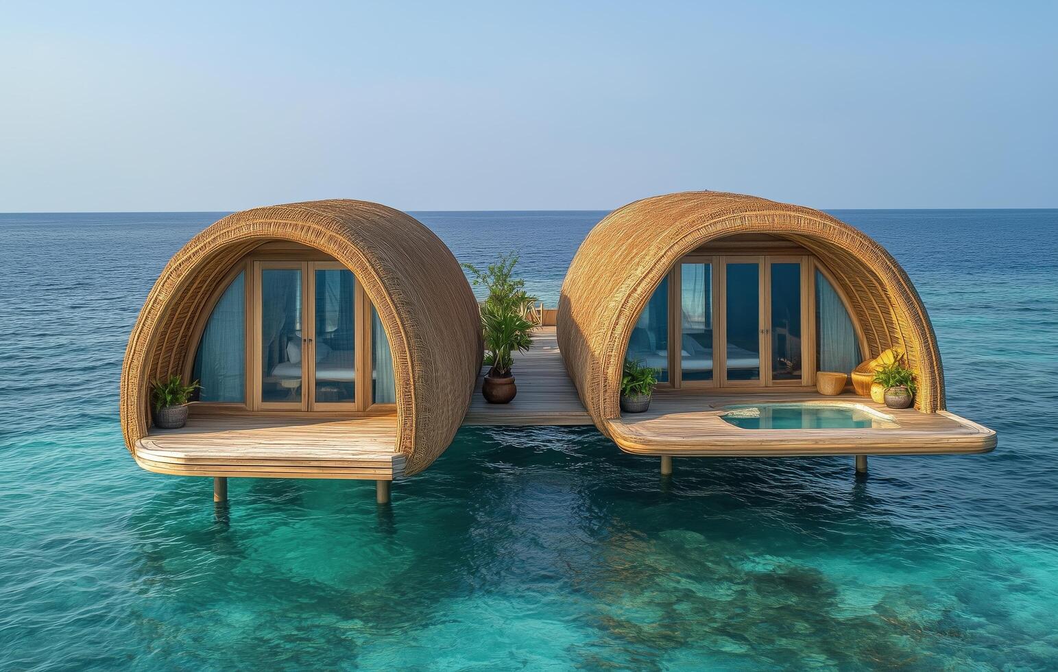 Luxurious water bungalow with unique architecture in tropical setting by the ocean photo