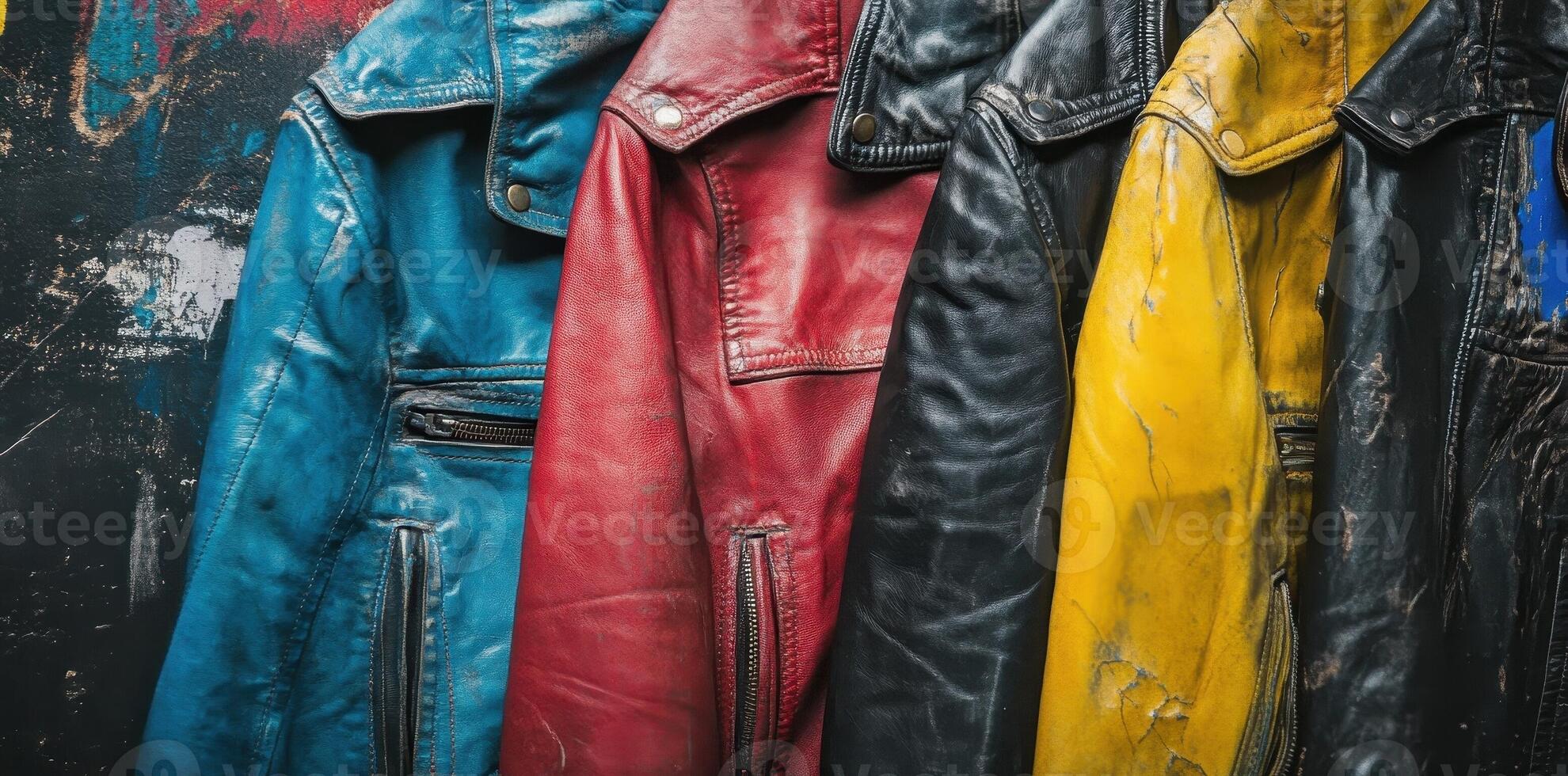 An array of colorful weathered leather jackets hanging on display photo
