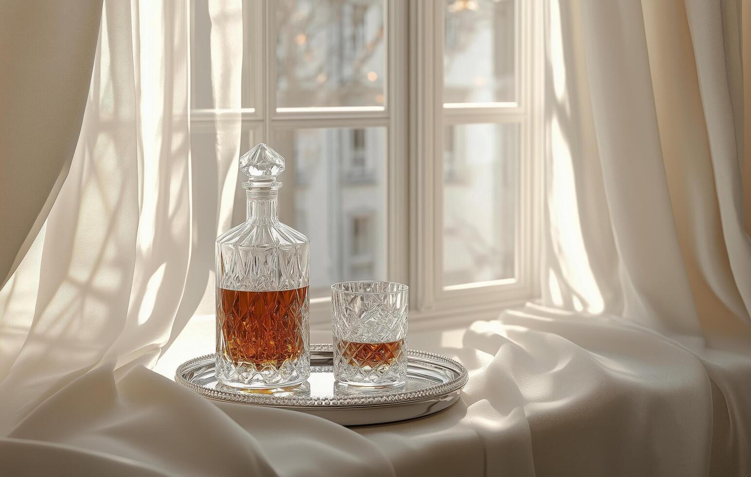 Elegant crystal decanter and glass on a tray by a sunlit window photo