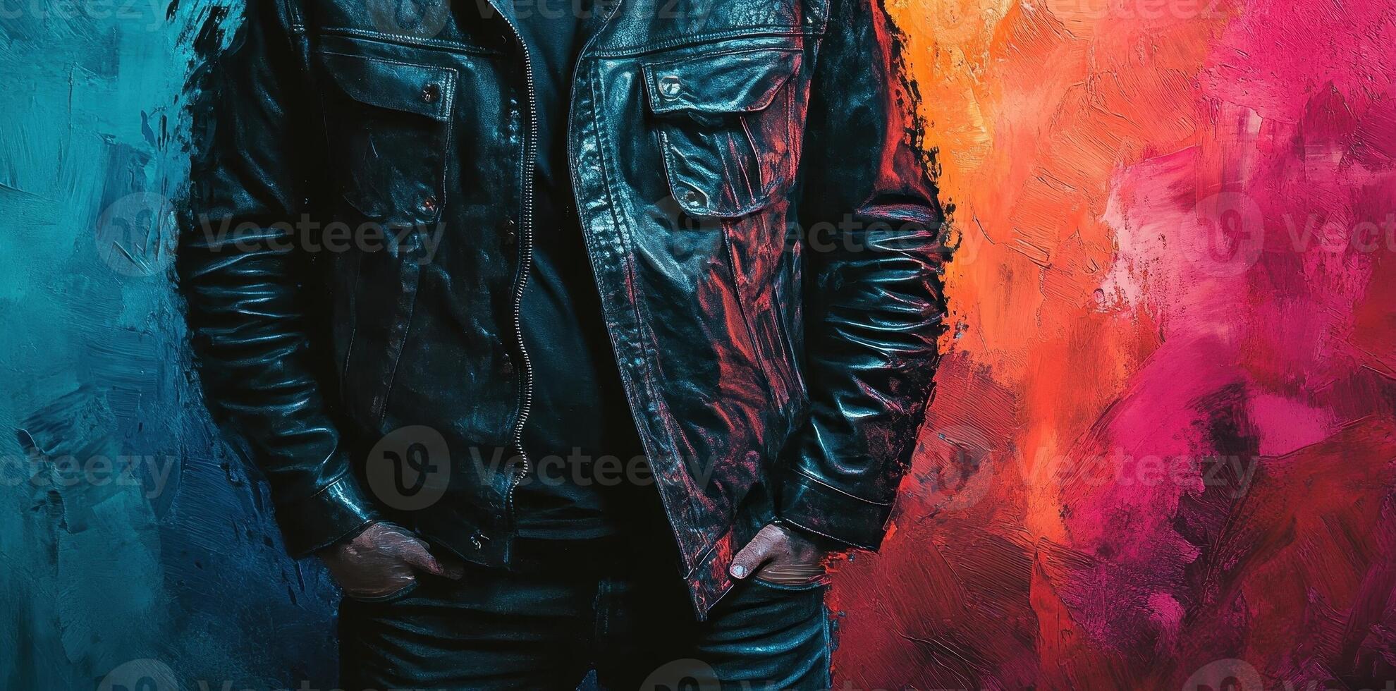 Man in leather jacket stands against vibrant painted backdrop photo
