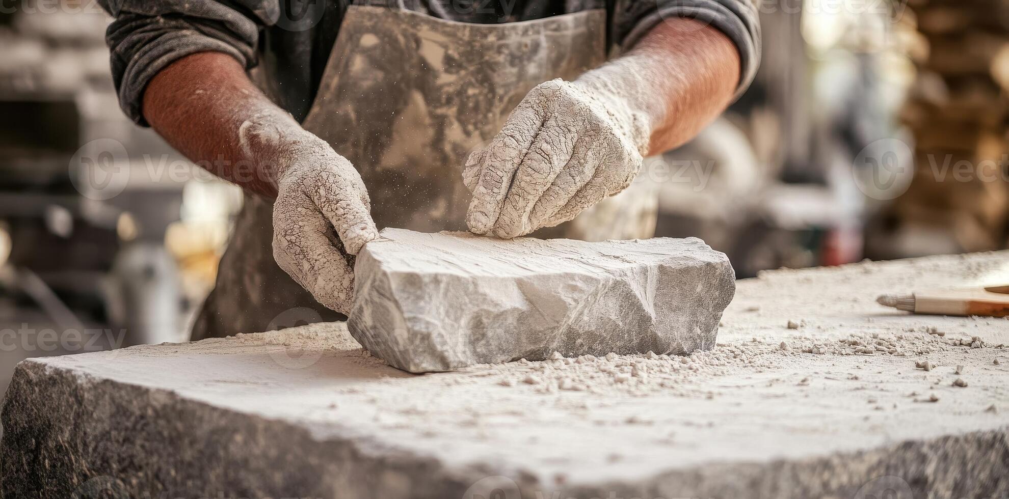 Craftsman carefully shapes and sculpts a block of raw stone photo