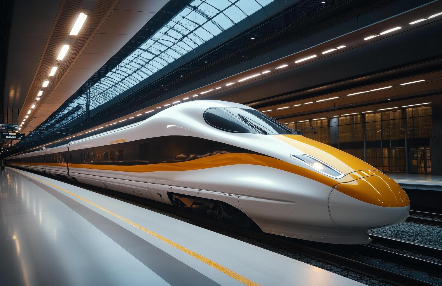 High-speed train arrives at modern railway station in Japan during the daytime photo