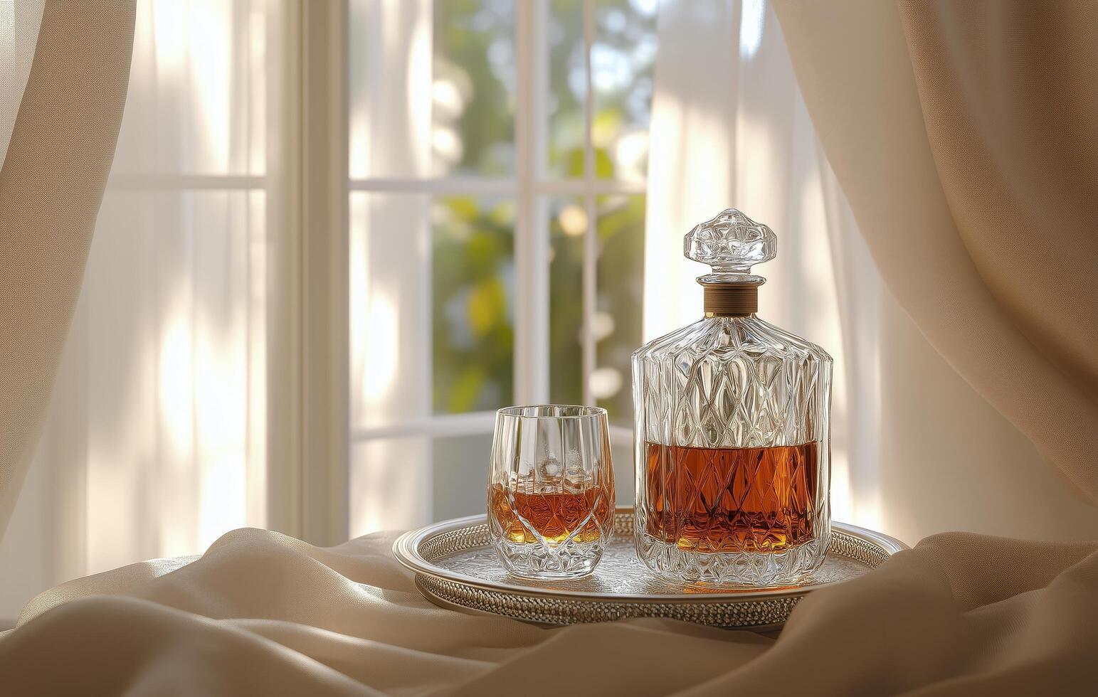 Elegant crystal decanter and glass set on a tray by a sunny window with soft curtains photo