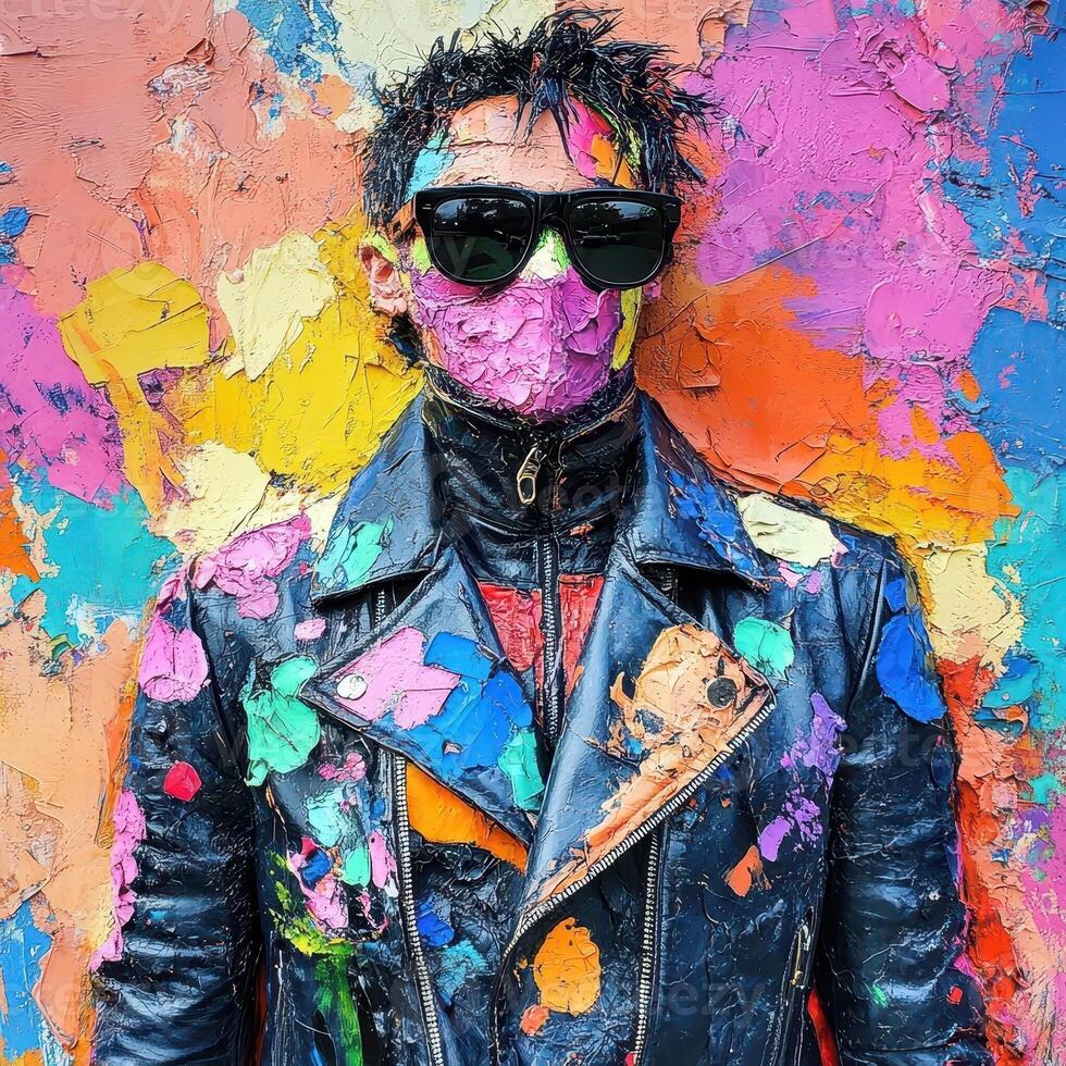 Man in leather jacket covered in colorful abstract paint splatters photo