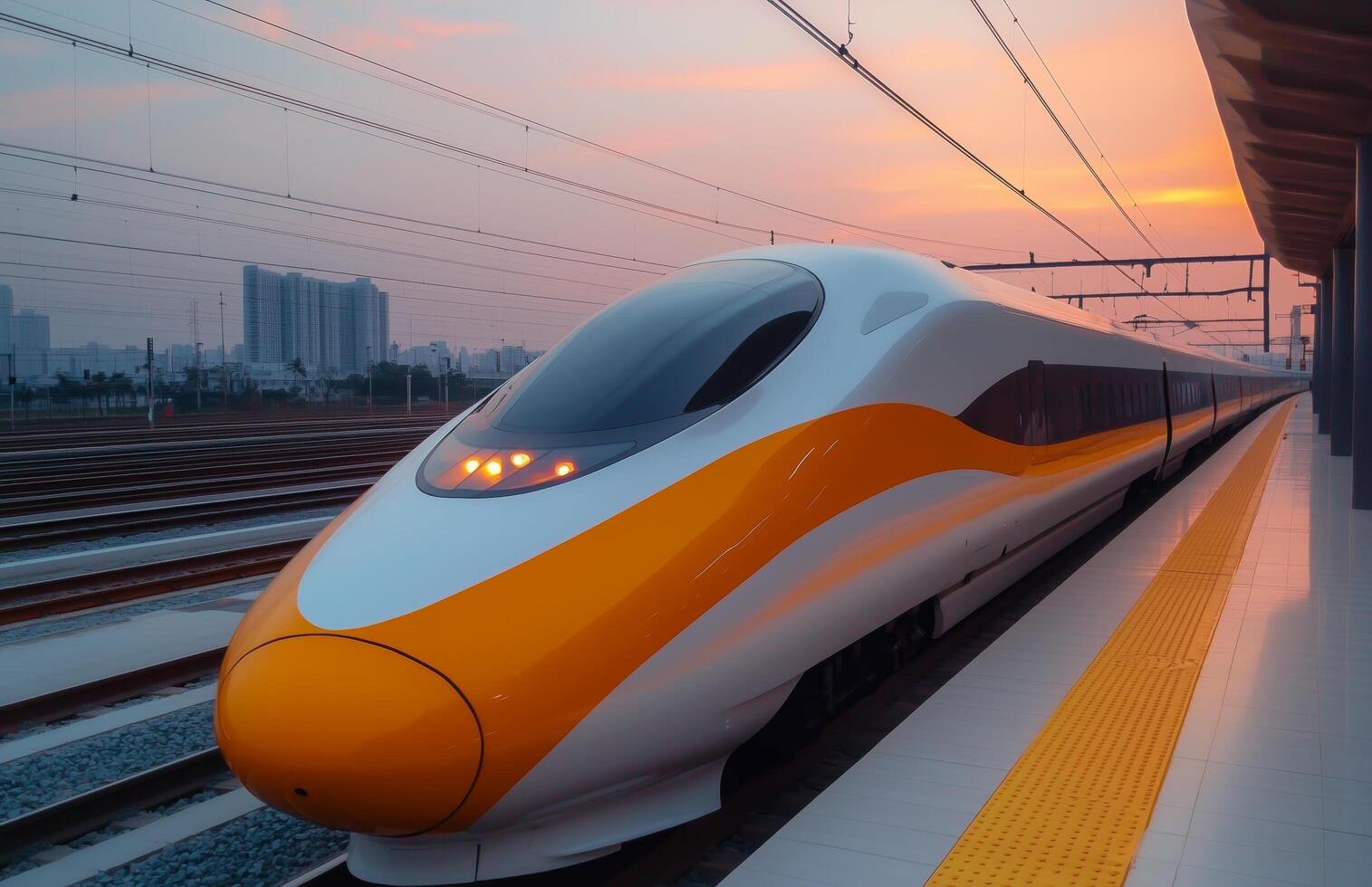 Modern high-speed train waiting at a station during sunset in an urban setting photo