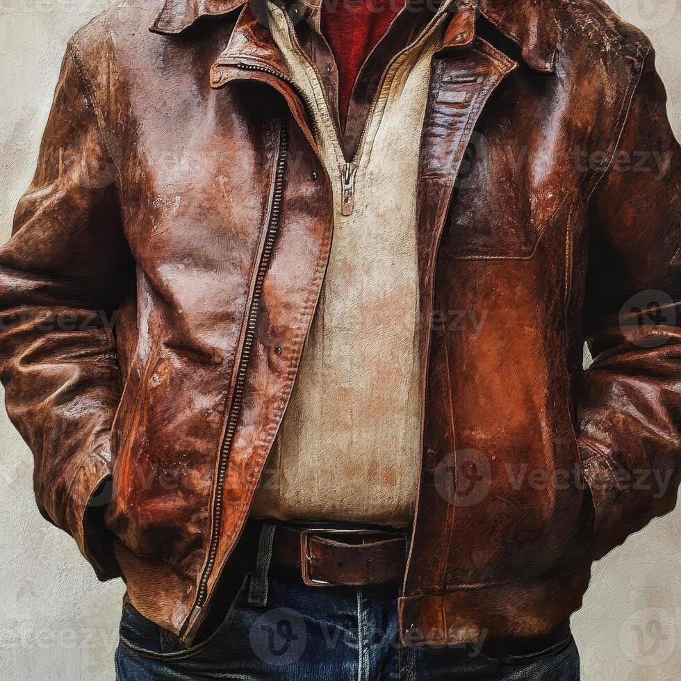 Man wearing brown leather jacket jeans and casual shirt photo