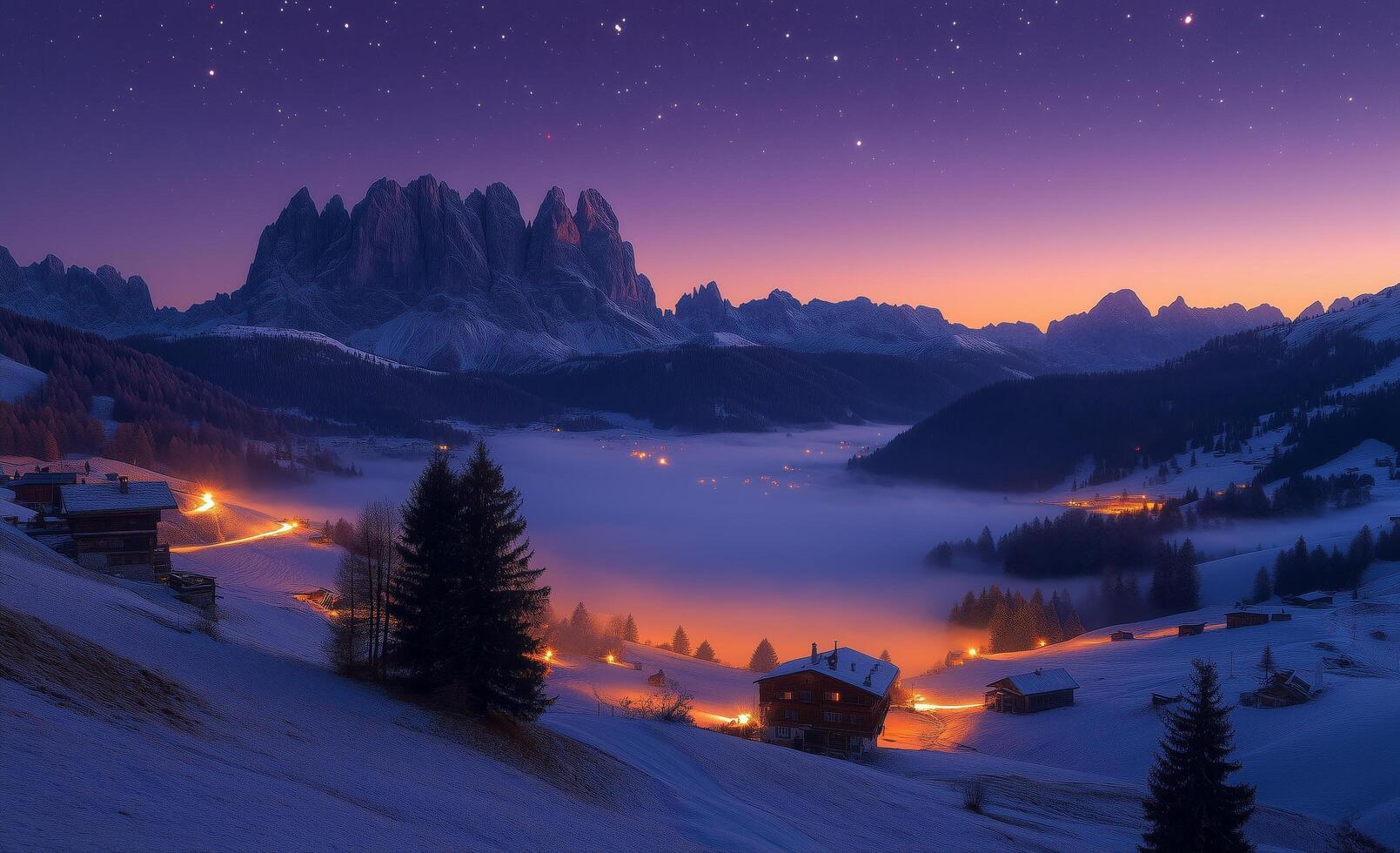 Winter twilight over snow-covered mountains and valley in Dolomites, Italy photo