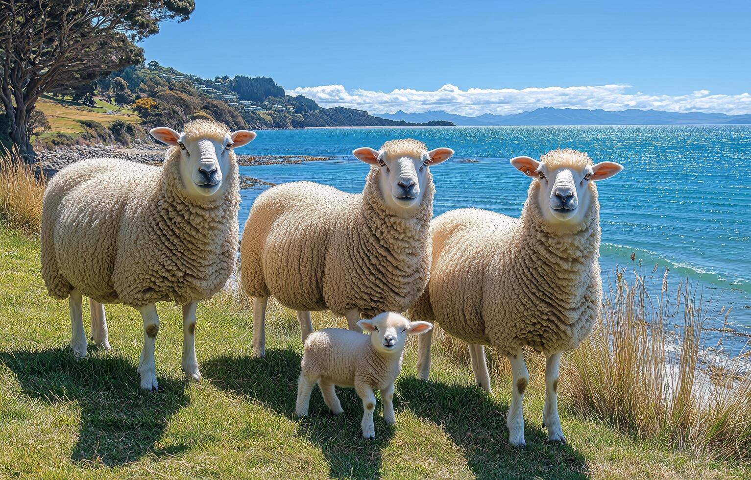Sheep grazing by the coastline with azure waters in the background on a sunny day photo