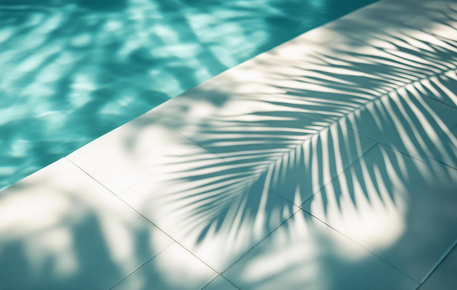 Shadows of palm leaves on a bright poolside during a sunny afternoon by the water photo