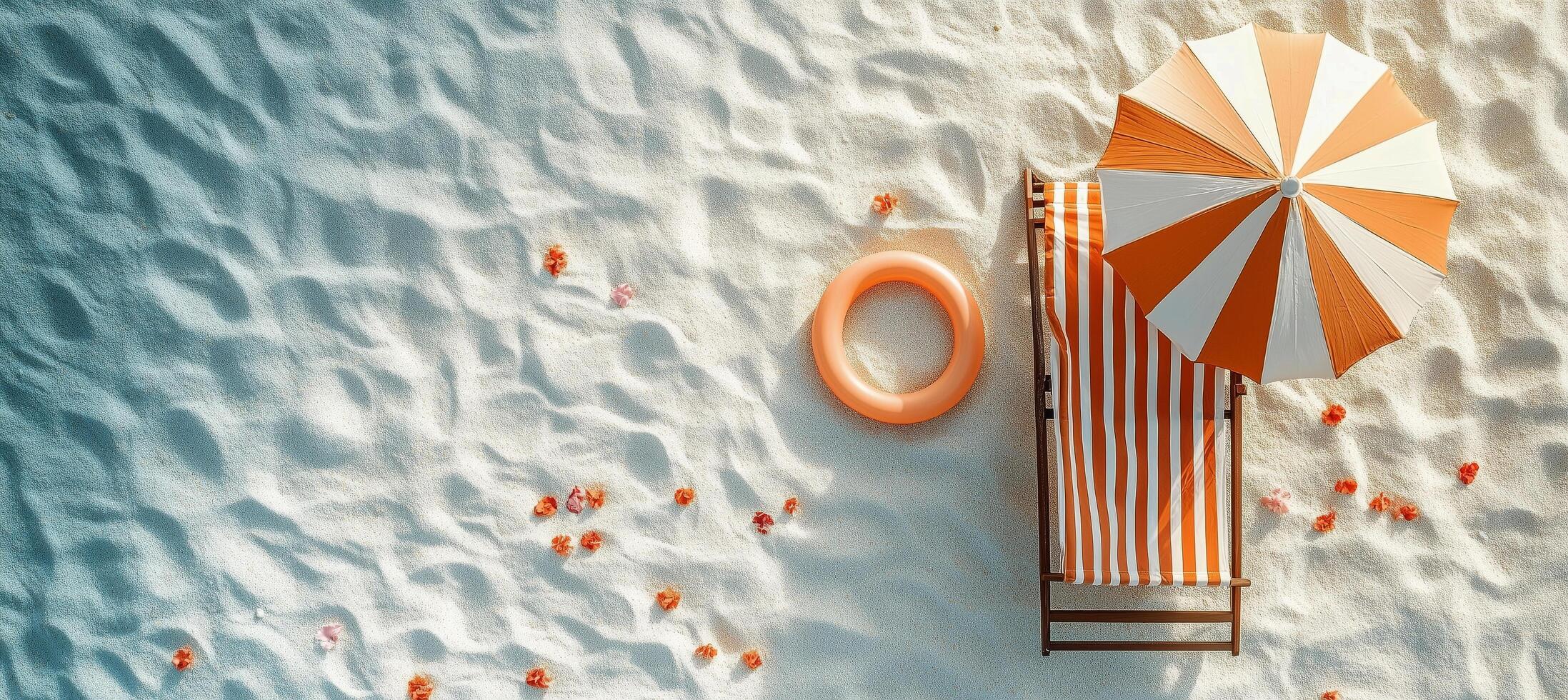 Relaxing beach setup with a striped umbrella and lounge chair on a sandy shore photo