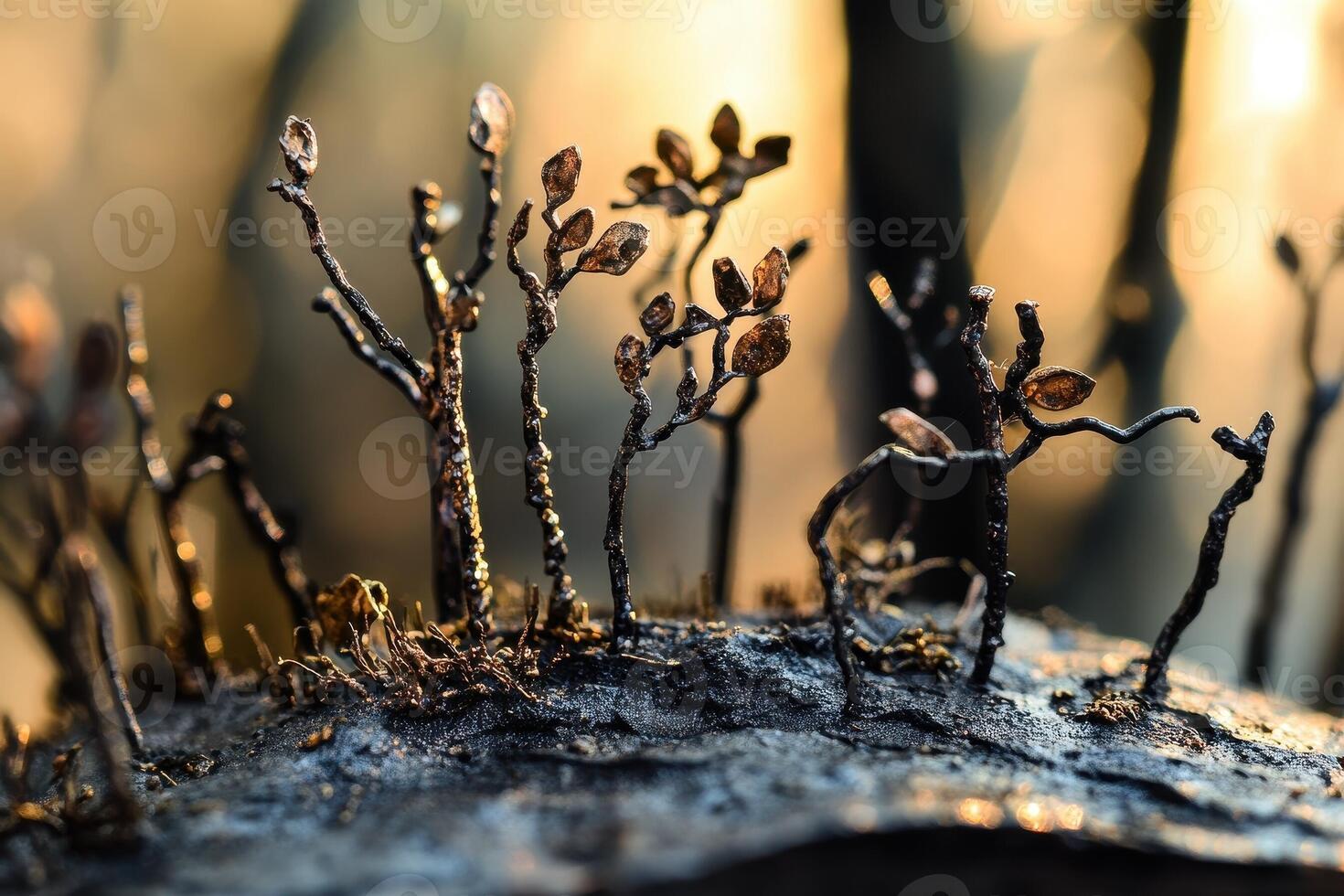 Miniature metallic trees adorn a textured surface creating a small forest photo