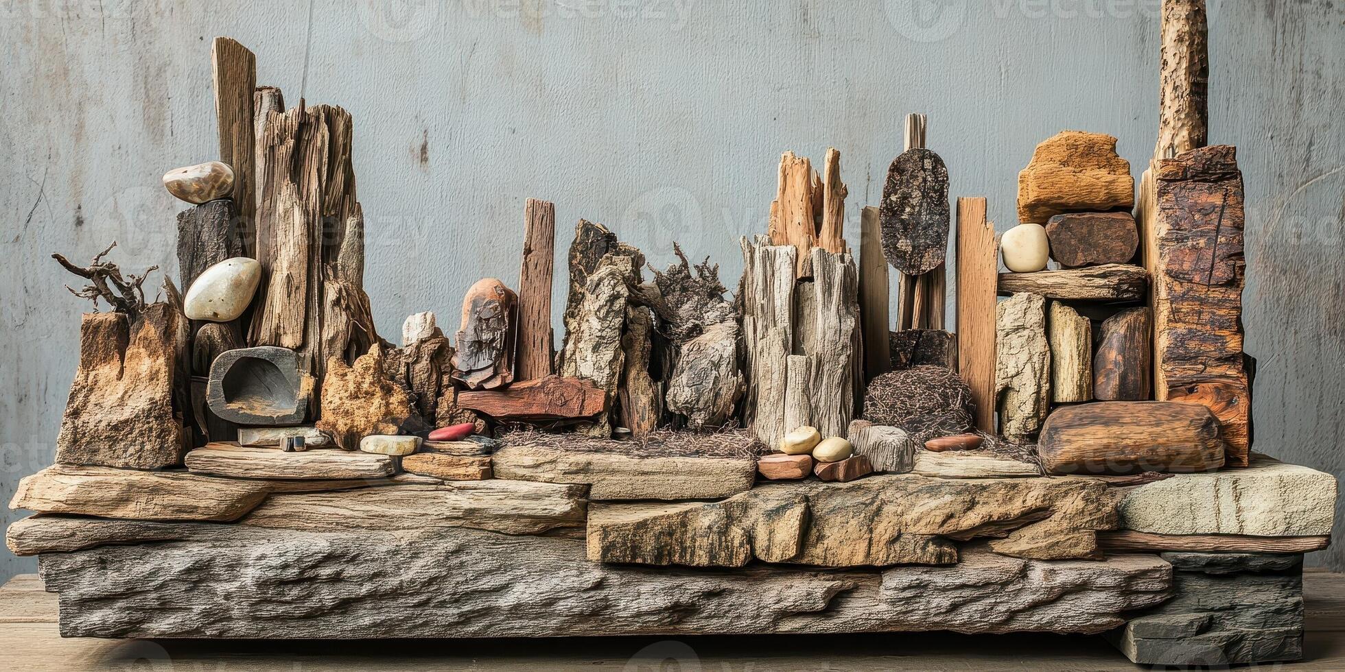 Assortment of natural materials artfully arranged to resemble cityscape photo