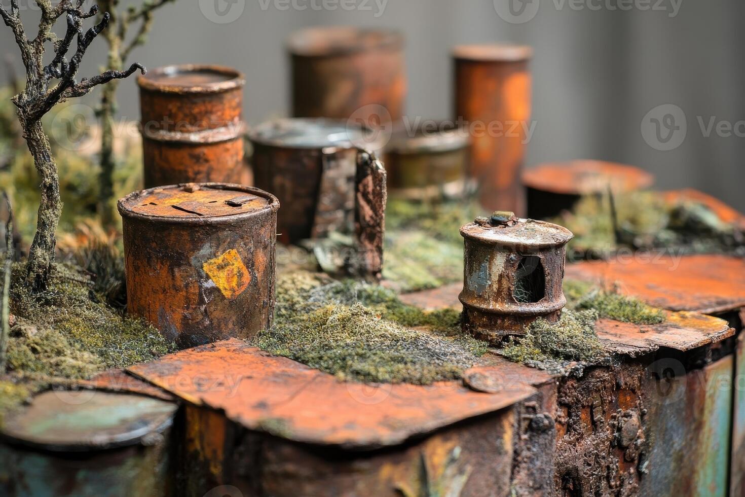 Rusty metal barrels and moss create a post apocalyptic scene photo