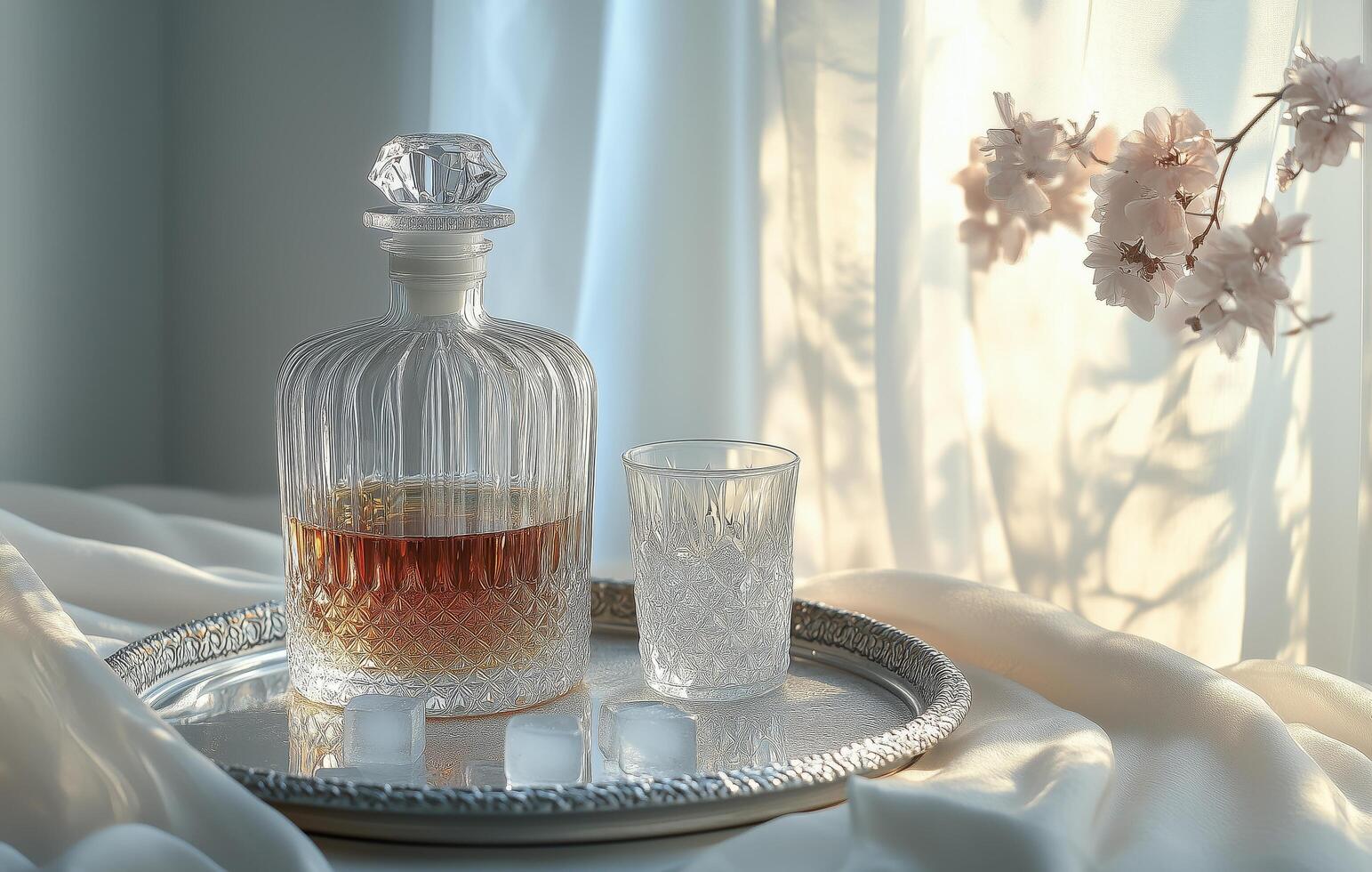 Elegant crystal decanter with whisky and glass on silver tray in soft morning light photo