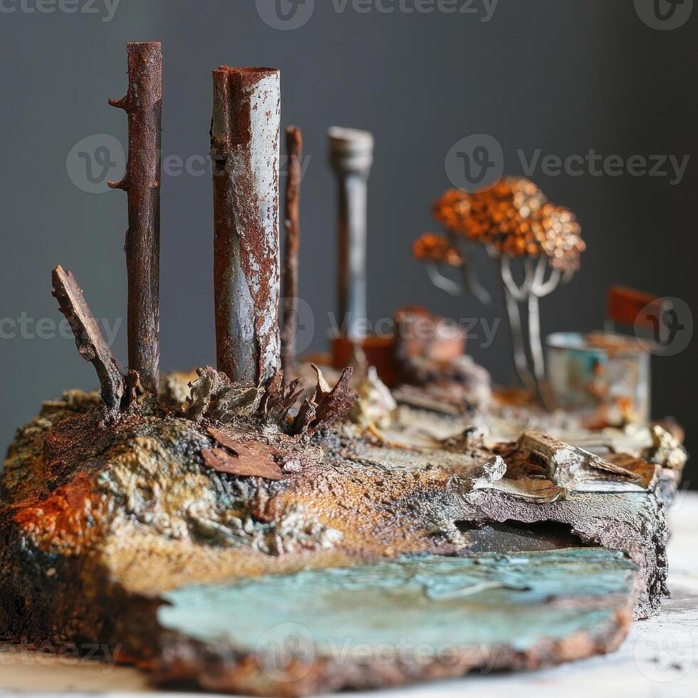 Miniature landscape showcasing metallic trees and aged structures on earth photo