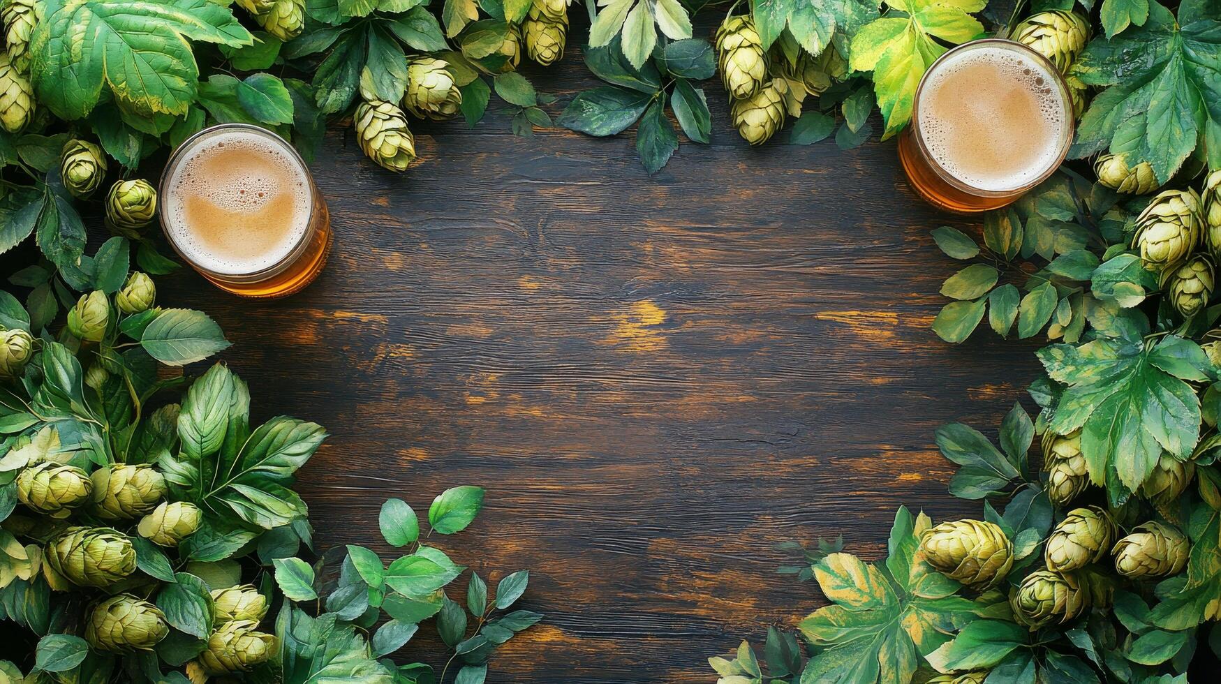 Two beers on a wooden table surrounded by green leaves photo