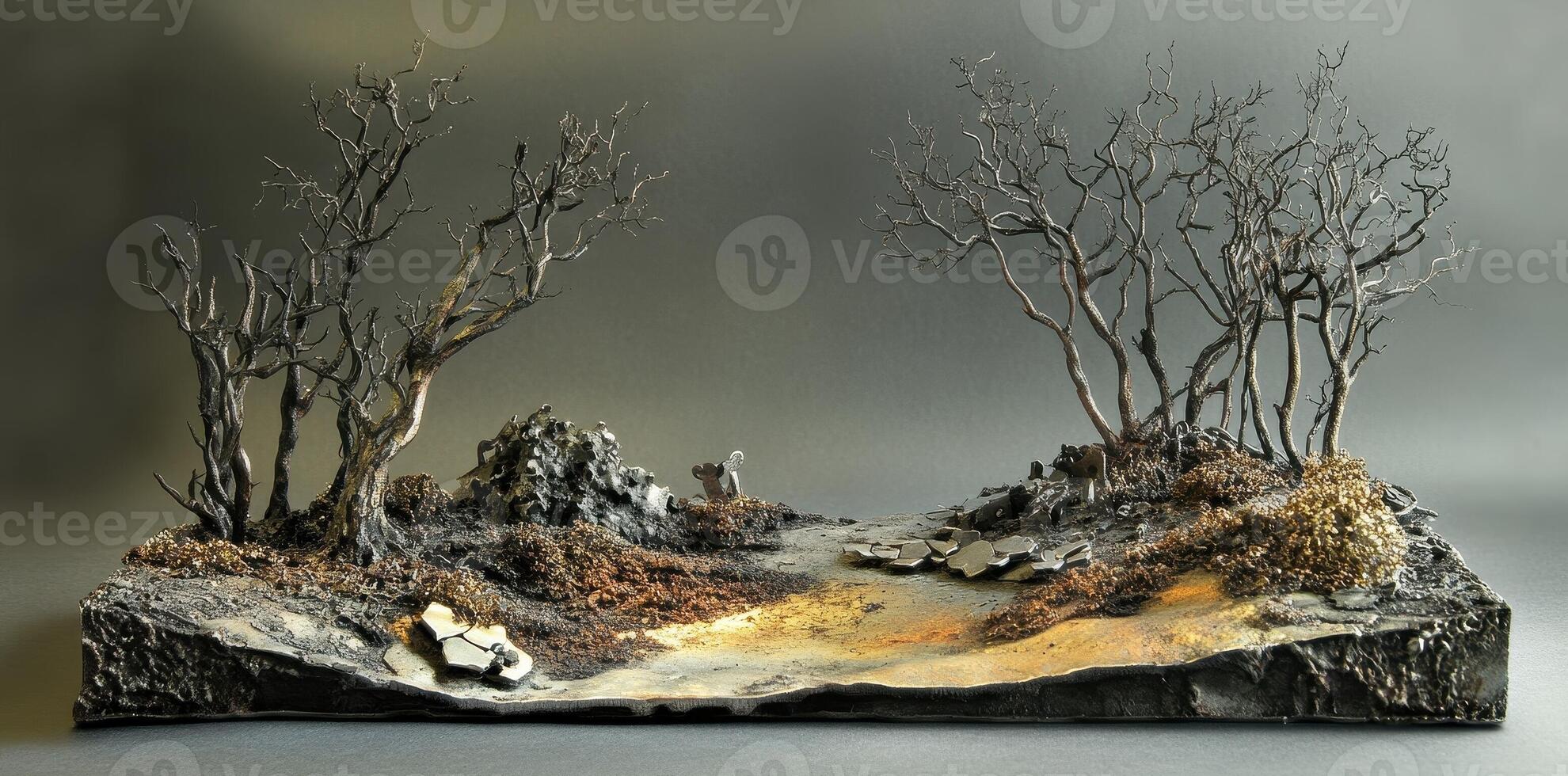 Miniature landscape featuring bare trees with a gray and yellow path photo