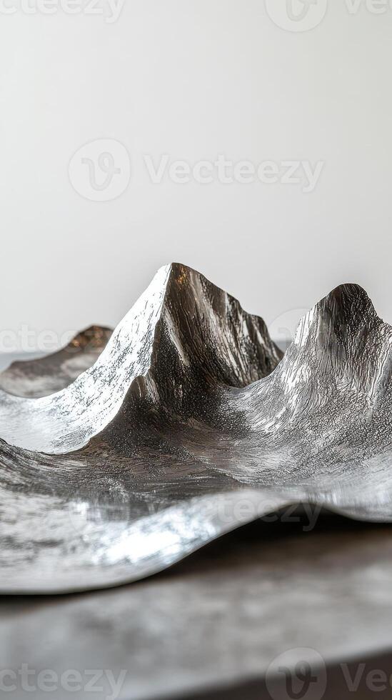 Silver mountain range sculpture displayed against a minimalist background photo