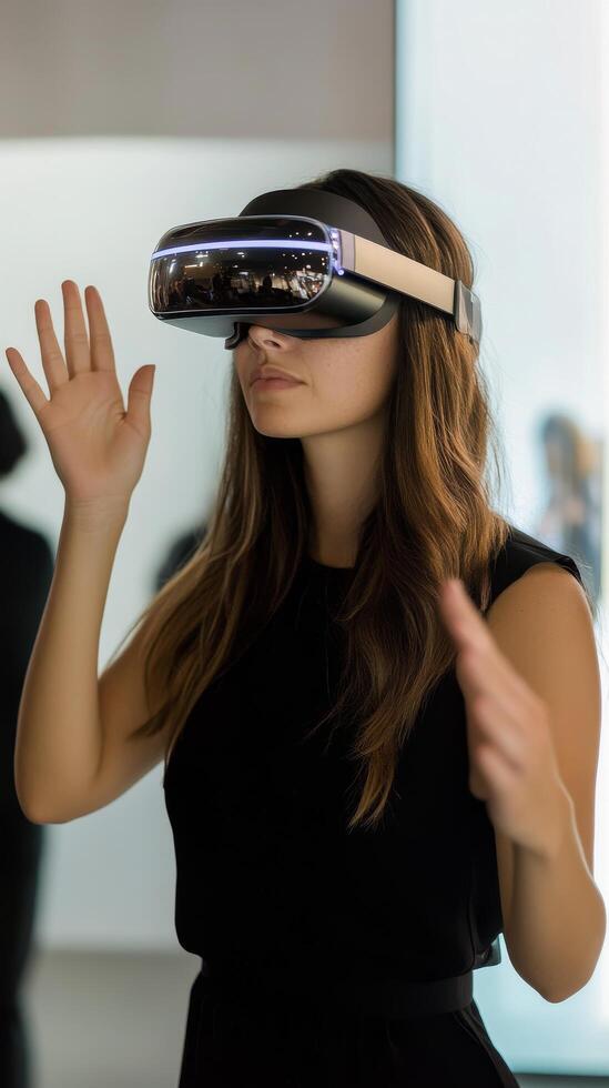 Exploring virtual reality technology by a woman wearing advanced headset in modern exhibition hall photo