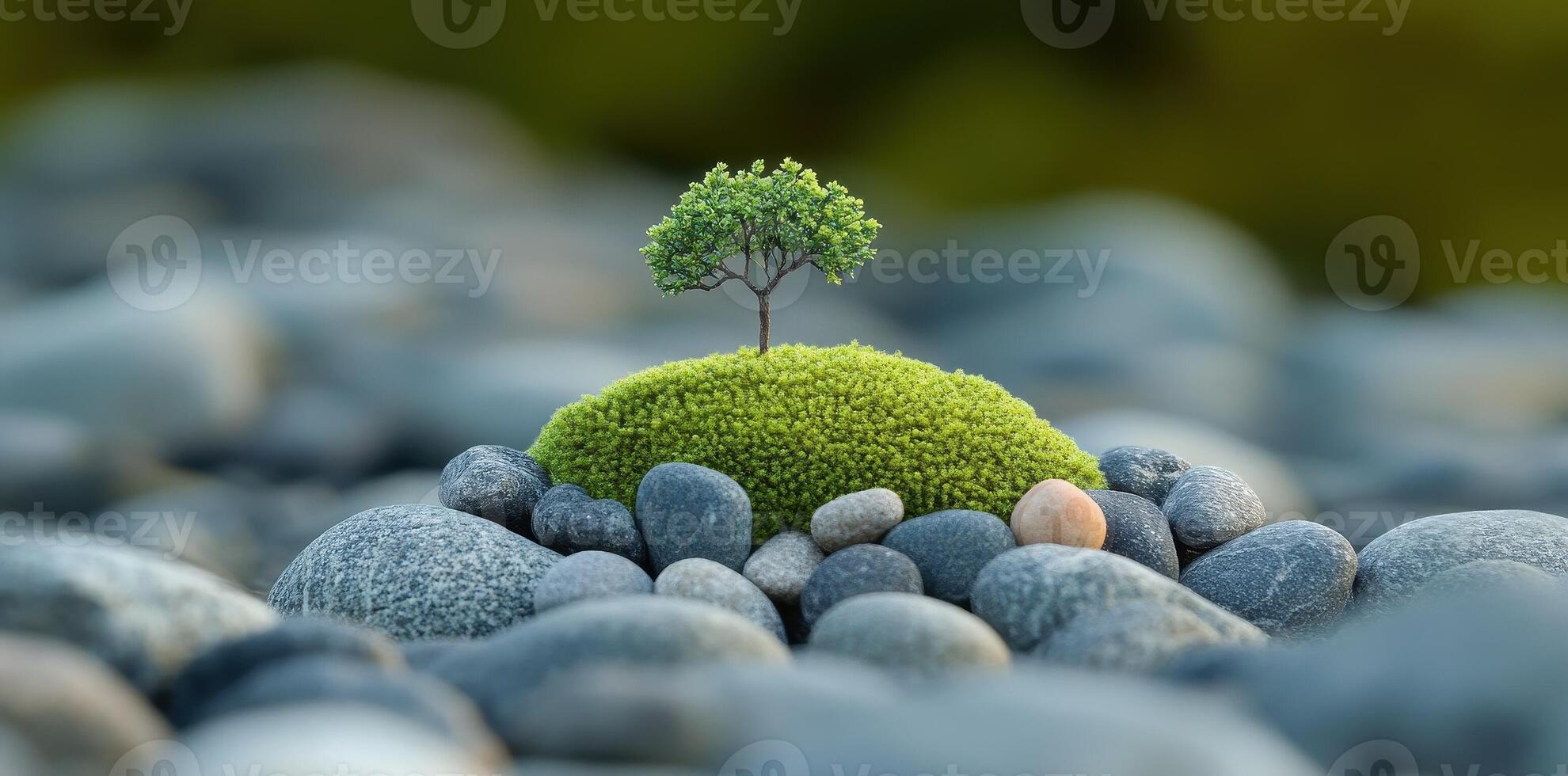 Small tree grows on mossy patch surrounded by smooth rocks photo