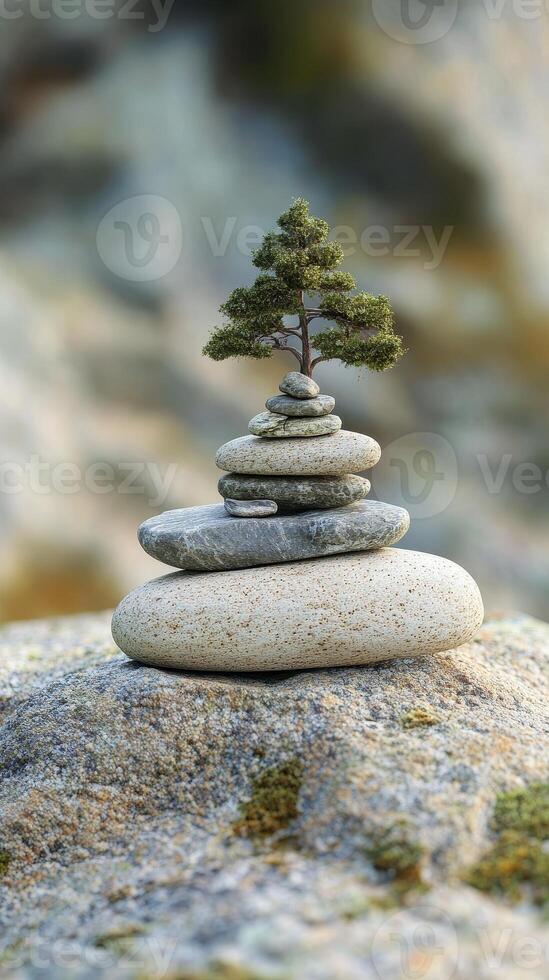 Stacked rocks with tree on top show balanced composition photo