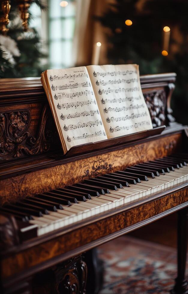 A piano with sheet music and candles in front of a christmas tree photo