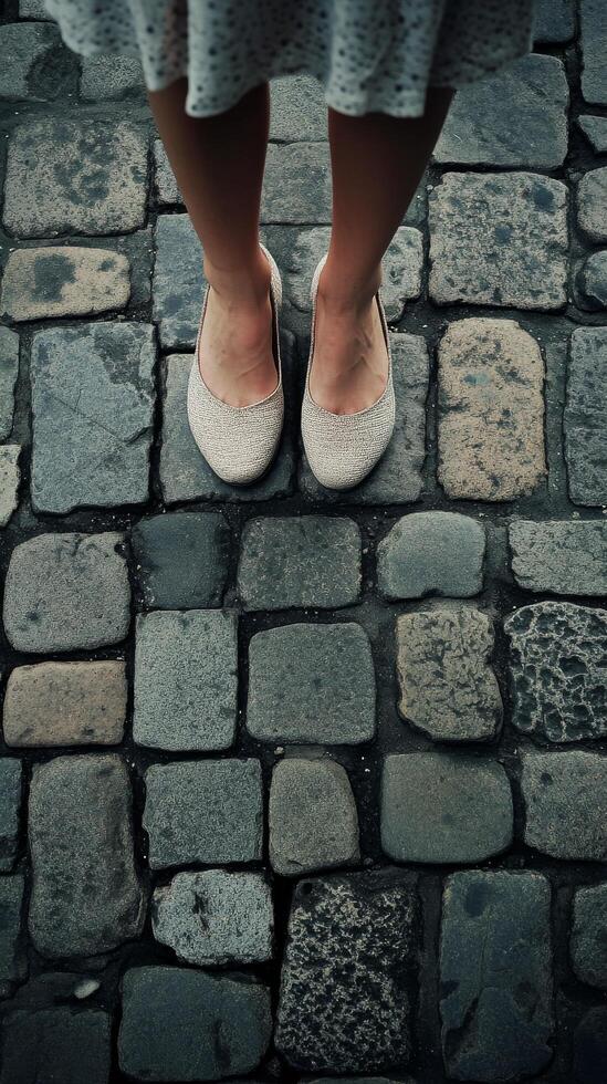 A woman's feet standing on a cobblestone street photo