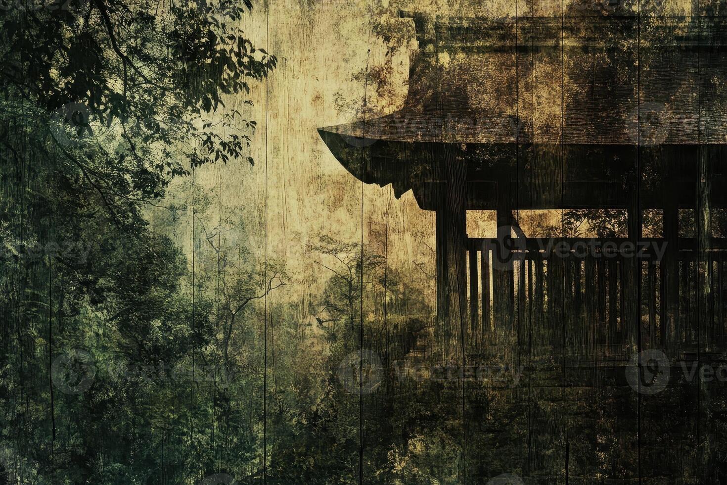 Old pagoda nestled among lush trees with distressed texture photo