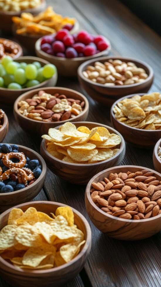 A variety of different types of snacks in wooden bowls photo