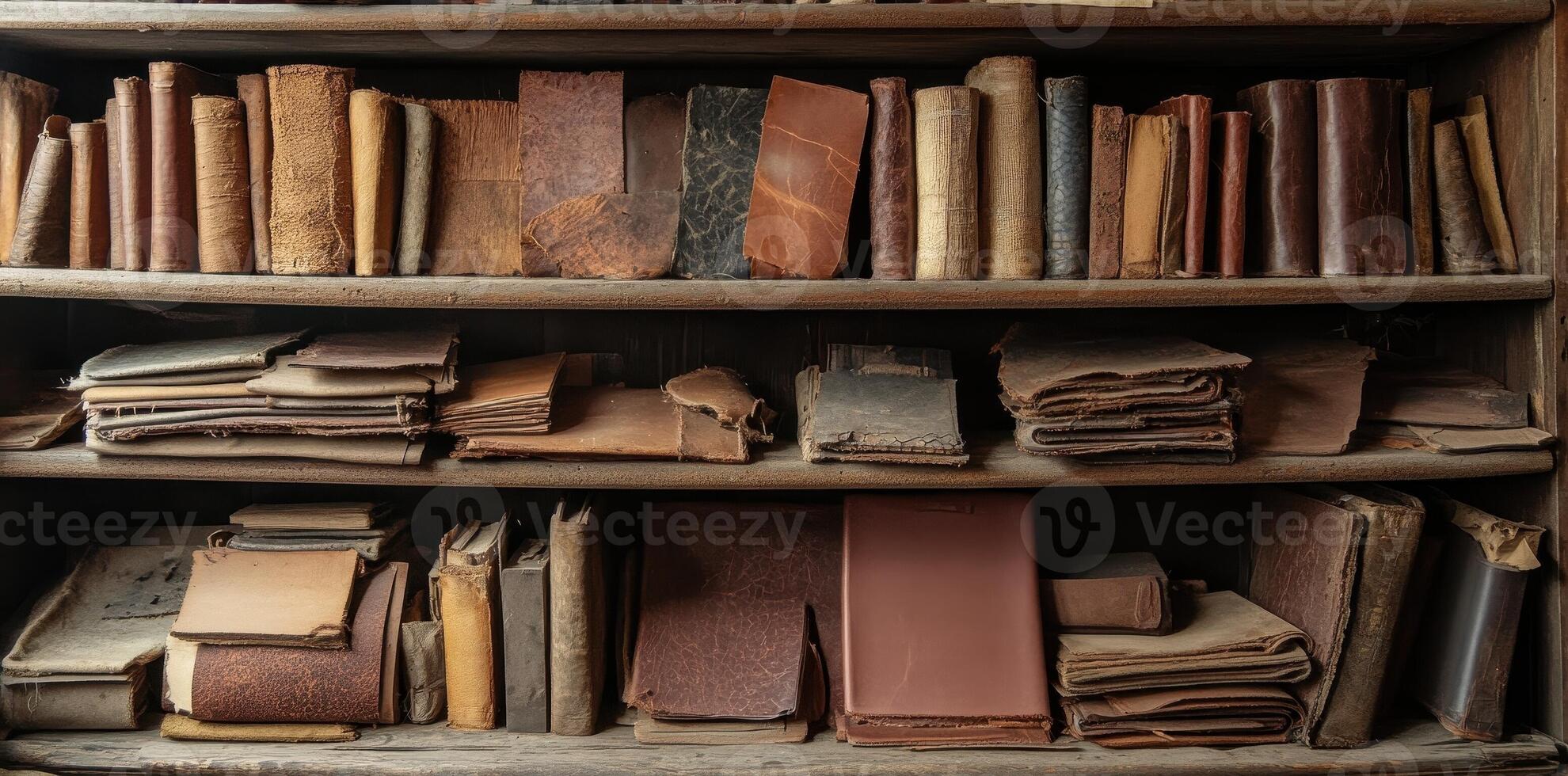 Aged books are displayed on rustic wooden bookshelves photo