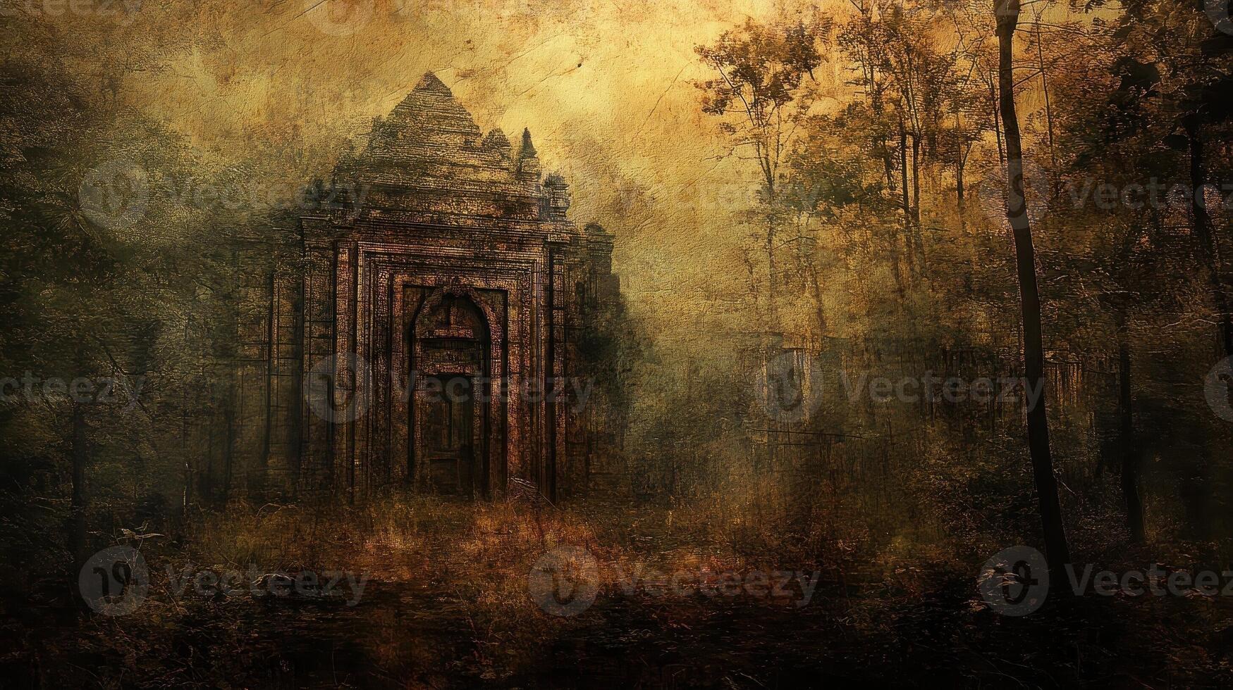 Ancient temple ruins obscured by forest vegetation in twilight photo
