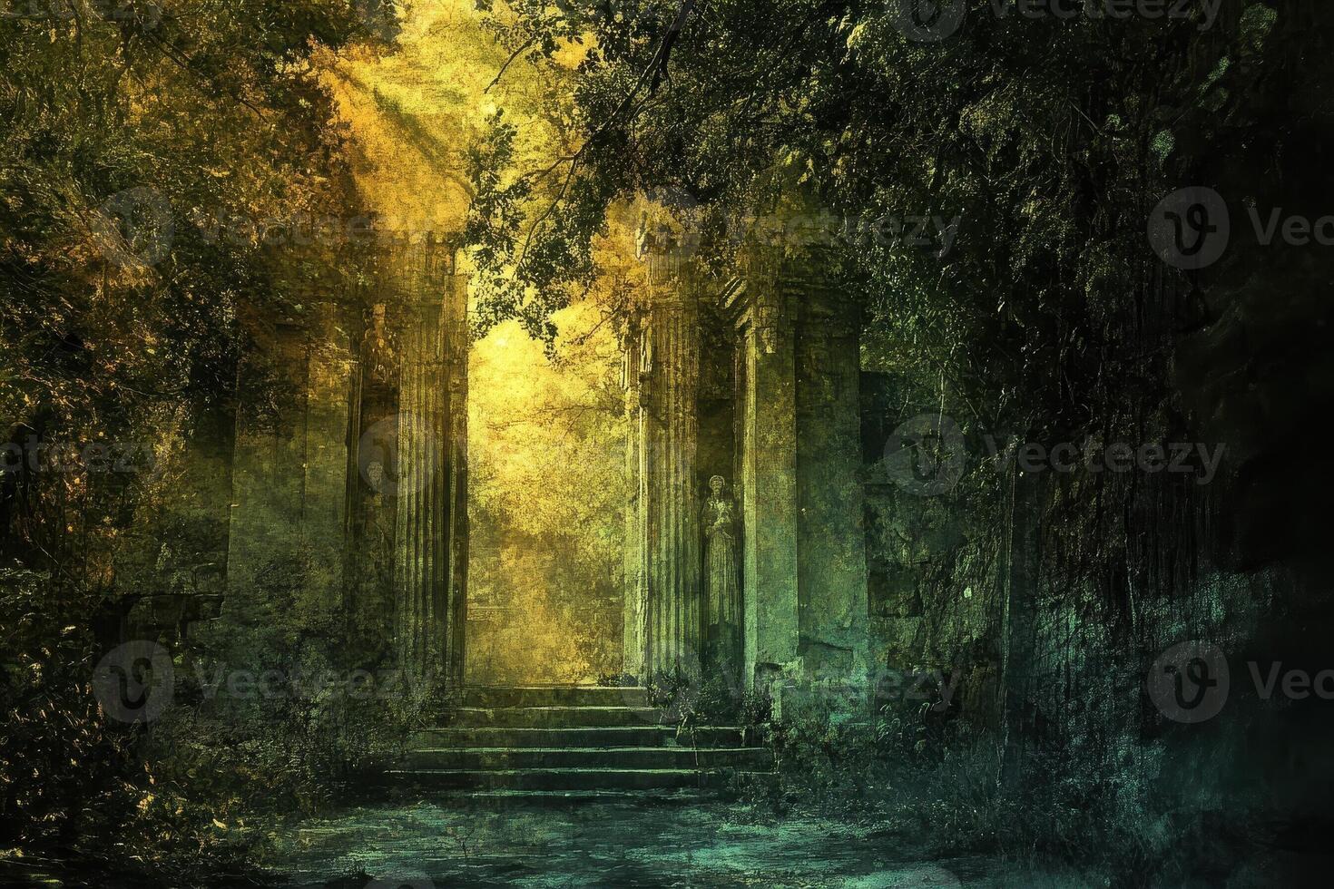 Ancient ruins with steps leading to a bright golden light photo