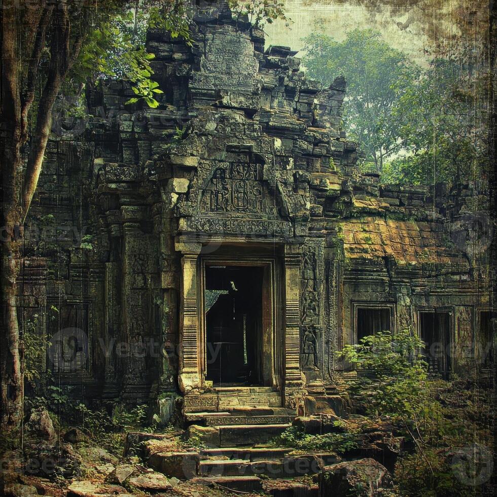 An ancient weathered temple entrance stands in the dense jungle photo