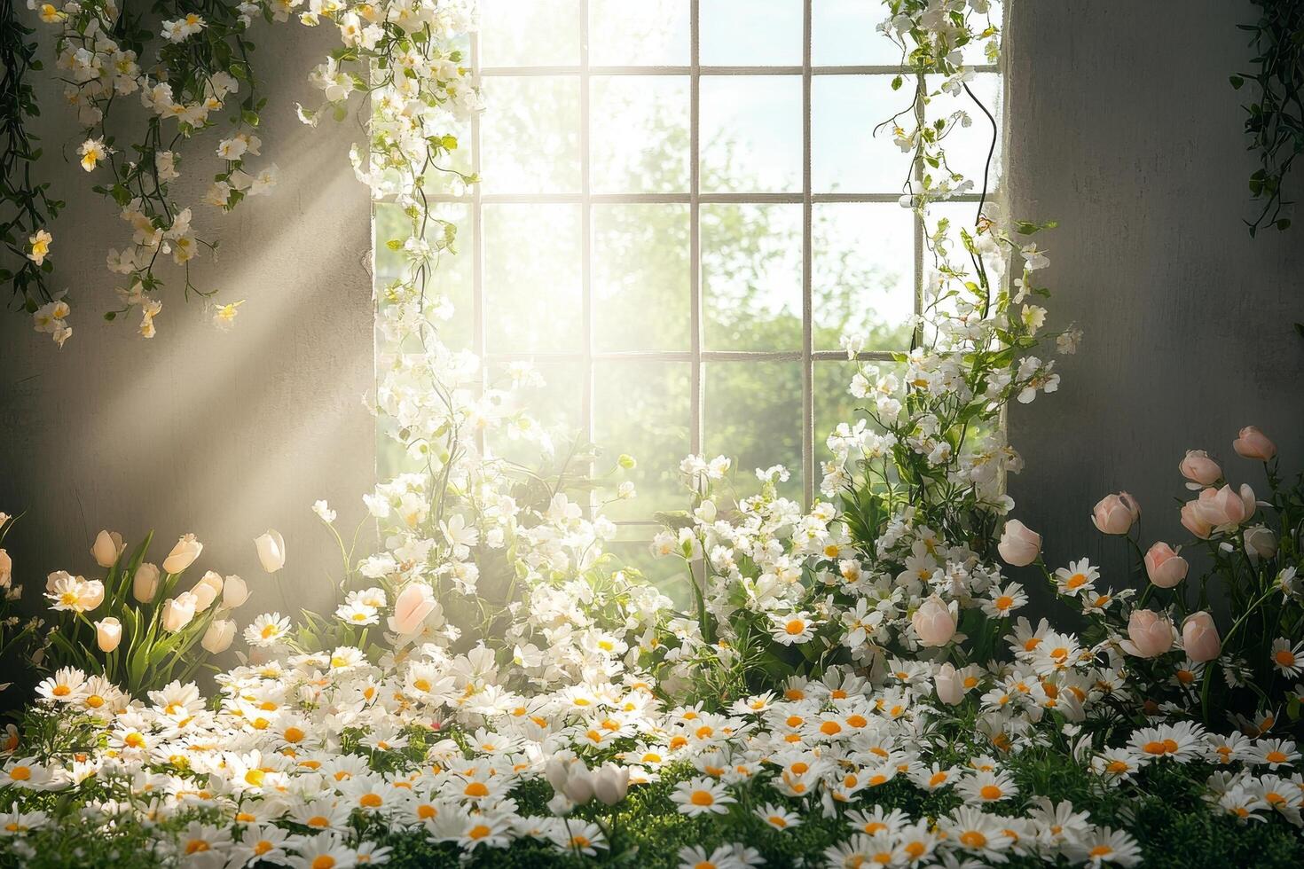 A beautiful spring scene with flowers and sunlight photo