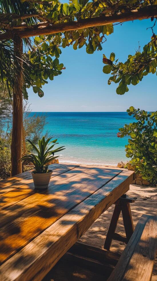 A wooden table under a tree photo